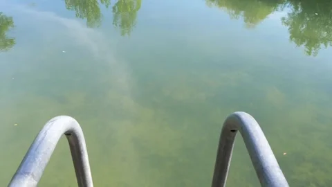 POV approaching river edge from dock with staircase handrails in view Stock Footage 284108862