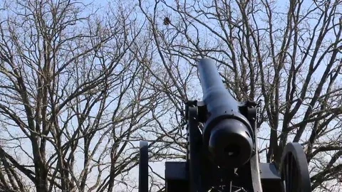 POV of Artillery Field Canon with Blue Sky and Wintry Trees in Background Stock Footage 69225341