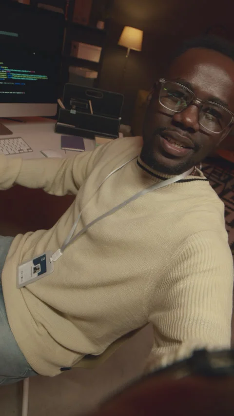 POV of Black Network Engineer Vlogging from Night Office Stock Footage 259154174