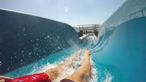 Pov in blue slip and slide in aquapark in paros island grèce Stock Footage 237168564
