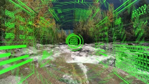 POV camera moving downstream, HUD reticle and numeric grids scanning river for Stock Footage 330209580
