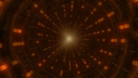 POV camera moving through orange tunnel made of computer code. Loopable Stock Footage 94152519