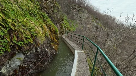 POV Canyon Walk 4K - Quick Abyss Glance to Mossy Rock Walls &amp; Water Path Vidéo 332170801
