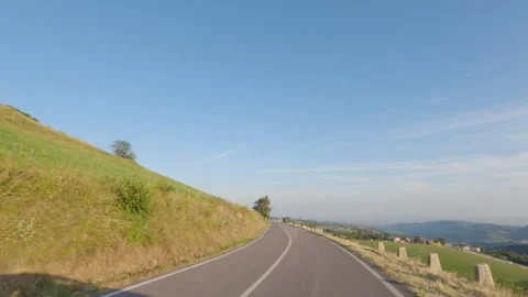POV Car Drive On Empty Alpine Asphalt Road, Green Summer Hills Stock Footage 340199490