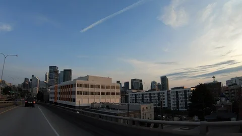 POV from car window driving on Interstate 5 Seattle's South Lake Union District. Stock Footage 120214706