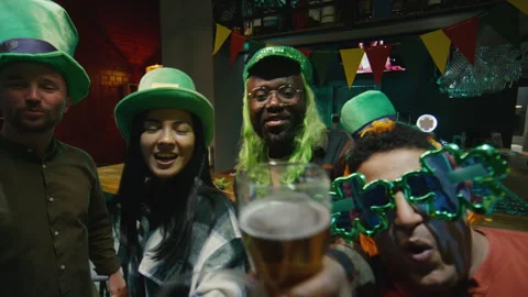 POV of Celebrating St Patricks Day with Diverse Friends via Video Call Stock Footage 261514065