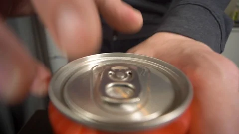 POV Close up of cola can man opens and pours cola in a glass sound Stock Footage 99071476