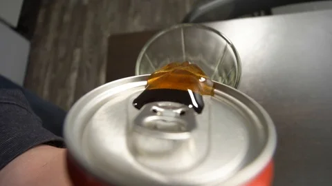 POV Close up of cola can man opens and pours cola in a glass sound Stock Footage 99071481
