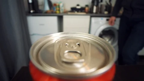 POV Close up of cola can man opens and pours cola in a glass sound Stock Footage 99071487