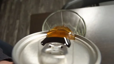 POV Close up of cola can man opens and pours cola in a glass sound Stock Footage 99071490