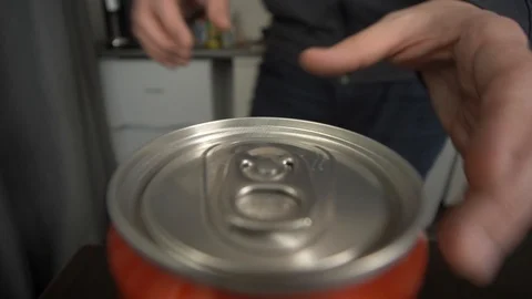 POV Close up of cola can man opens and pours cola in a glass sound Stock Footage 99071494