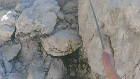 POV closeup of climber/mountaineer with hands pulling on wire Via ferrata Stock Footage 161525472