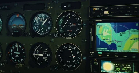 POV cockpit view of small plane instruments and flight controls Stock Footage 75920445