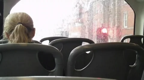 POV Double Decker Bus Interior, Heavy Rain, Traffic lights Stock Footage 787084