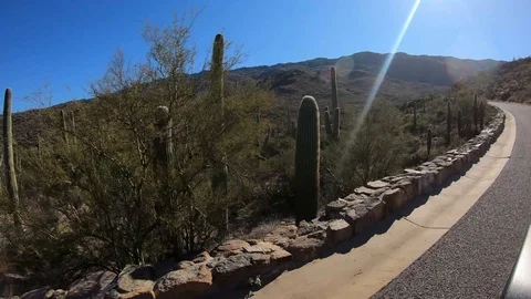 POV from the drivers window driving on the loop road in Saguaro National Stock Footage 122722266