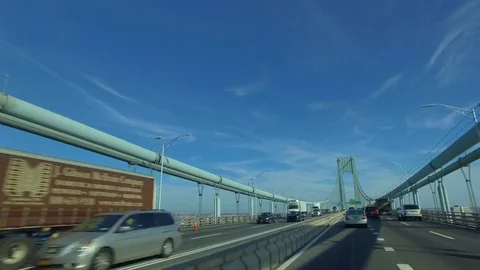 POV driving across Verrazano Narrows Bridge from Staten Island to Brooklyn Stock Footage