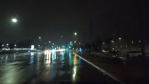 POV driving in heavy rain on dark wet city streets in poor visibility at night. 스톡 동영상 146700620