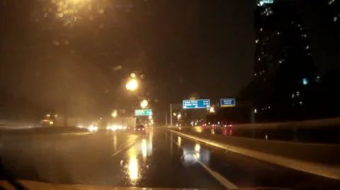 POV driving on the highway at night in heavy rain and thunderstorm  storm Stock Footage 40675813