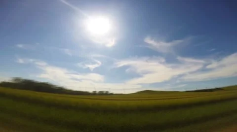 POV Driving next to open field blue sky bright sun Stock-Footage 53191114