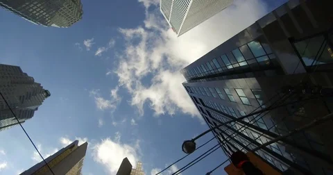 POV driving plate looking up at office towers in financial district downtown Stock Footage 72980461