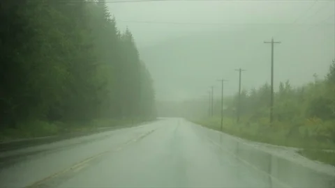POV driving through forest road in Cascade Mountains in the rain with fog. Stock Footage 86757691