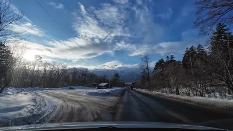 POV Driving Into Winter Rest Area With Vending Machines Furano Hokkaido Japan Vídeo Stock 333698415