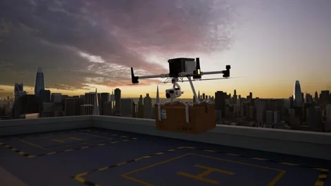 POV Drone Delivery Fleet Takeoff at Sunset Stock Footage 325636732