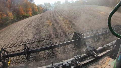 POV of farmer using a combine with belt-feed soybean header to harvest Stock Footage 165586351