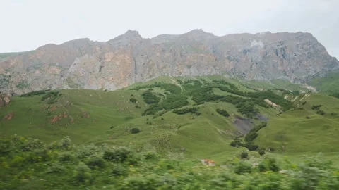 POV Fast Motion View Driving Past Alpine Green Slopes And Giant Cliffs Video stock 347657795