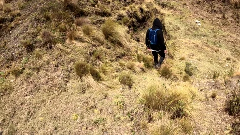 Pov first person view going down a steep mountain with stones and vegetation on Video stock 164607737