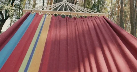 POV, first person view of lying in a moving hammock at a pinewood Stock Footage 77966357