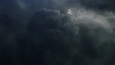 POV flying through dark and light clouds with lightning strike, Stock Footage 160831388