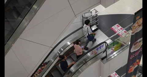 POV footage of going down floor using escalator in mall or department store Stock Footage 305590956