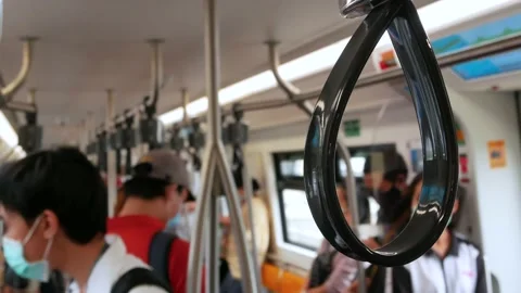 POV to the hand held inside commuter of the skytrain subway Stock Footage 142586327