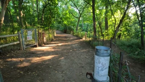 Pov hand opens rusty gate chainlink fence walk park trees Stock Footage 213035469