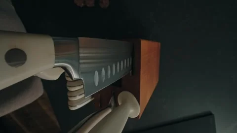 POV hand pulling kitchen knife from wooden block Video stock 329092999