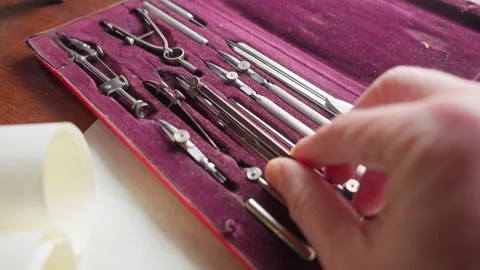 POV Hand Selects Compass Tool from Case, Beginning Precision Design Task Stock Footage 333461646