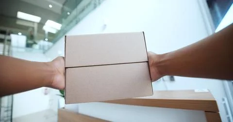 POV, hands and courier with boxes for delivery, shipping and logistics with Stock Photos