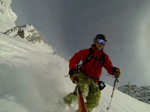POV Heli-skiing powder reverse shot 2 库存影片 22606064