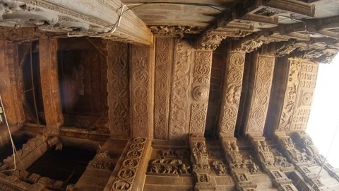 POV High ceiling with carved pattern of gate over thousand years old Tiruvannama Stock Footage 105419380