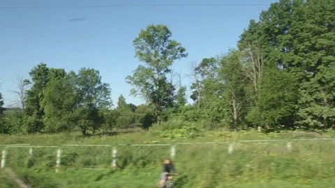 POV: High-speed Train moves past a fields and low trees Stockbeeldmateriaal 80460389
