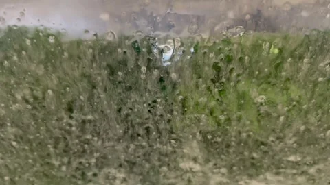 POV Inside Automatic Car Wash Through Wet Windscreen with Water and Brushes Stock Footage 336469603