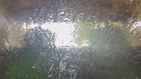 POV Inside Automatic Car Wash Through Wet Windscreen with Water and Brushes Stock Footage 336469618
