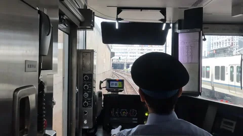 POV Inside Train Cab Driver Operating Commuter Train in Osaka, Japan Stock Footage 337908982