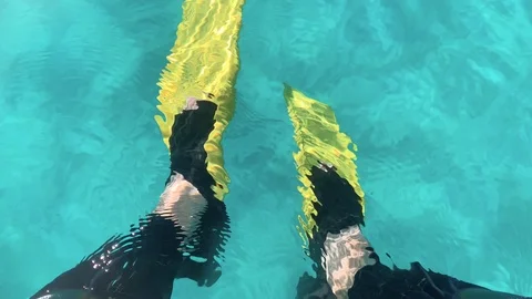 POV: Looking down at yellow flipper fins before going diving or snorkelling in t Stock Footage 115848294