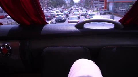 Pov looking inside a travel bus in the front seat with panoramic view 스톡 동영상 164424390
