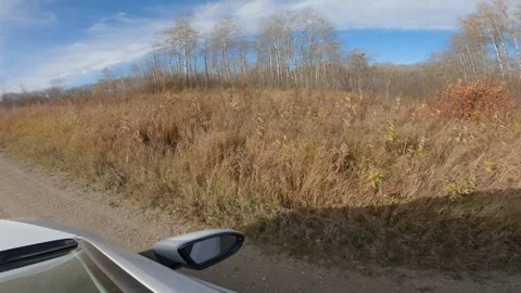 POV looking out the window of a white car while driving through dry grassy Stock Footage 336506840
