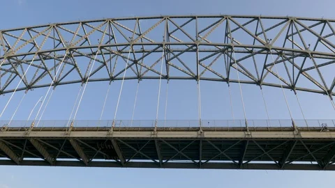 POV-Low Angle looking up passing under Bridge of the Americas Video stock 108203546