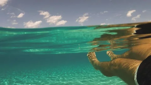 Pov of man floating on clear ocean water Stock Footage 279428408