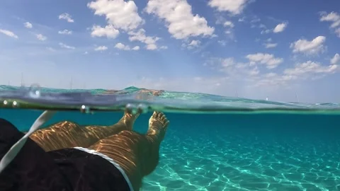 Pov of man floating on clear ocean water of exotic island Vídeos de archivo 279428472